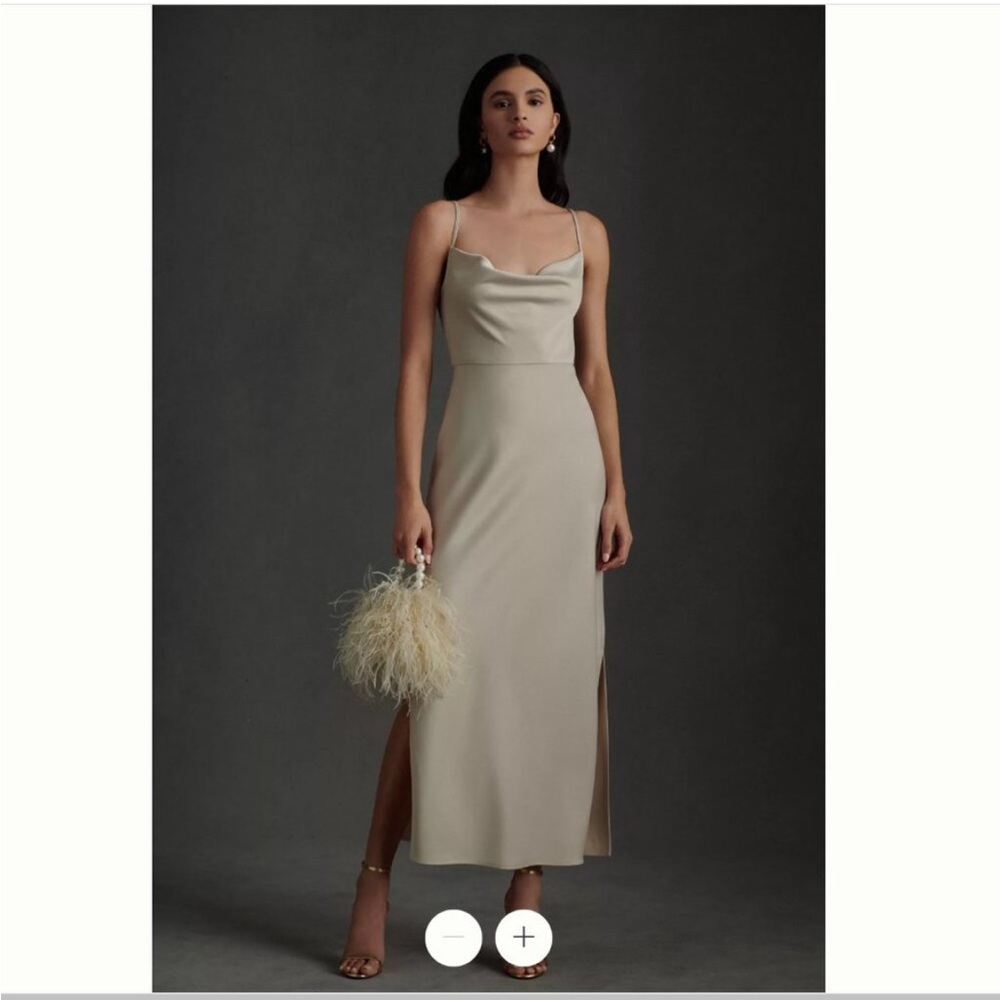 Anthropologie BHLDN Cali Satin Cowl Neck Midi Slip Dress in Champagne Size 6